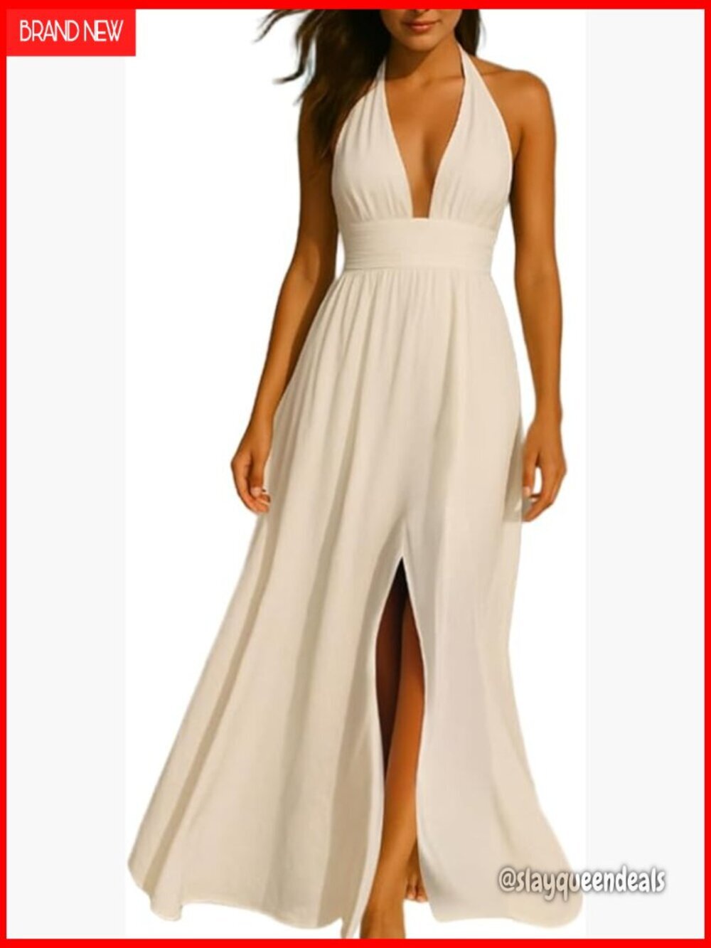 Sexy Halter Backless Maxi Dress with Slit, Deep V Neck, Sleeveless